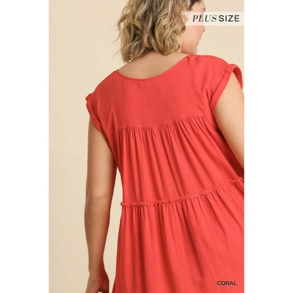 Umgee Plus Size Milk Tea V-Neck Short Folded Sleeve Ruffle Trimmed Pocket Dress - Picture 12 of 12